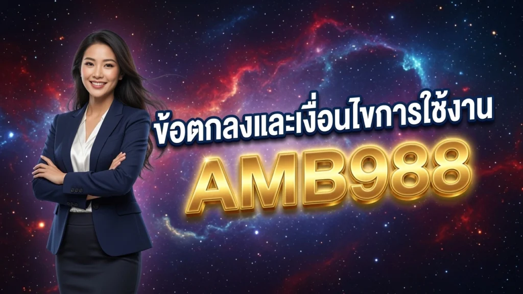 ผู้หญิงในสูทสีน้ำเงิน ยืนกอดอกยิ้ม กับพื้นหลังอวกาศสีสันสดใส มีข้อความภาษาไทย “ข้อตกลงและเงื่อนไขการใช้งาน” และโลโก้ทองคำ AMB988